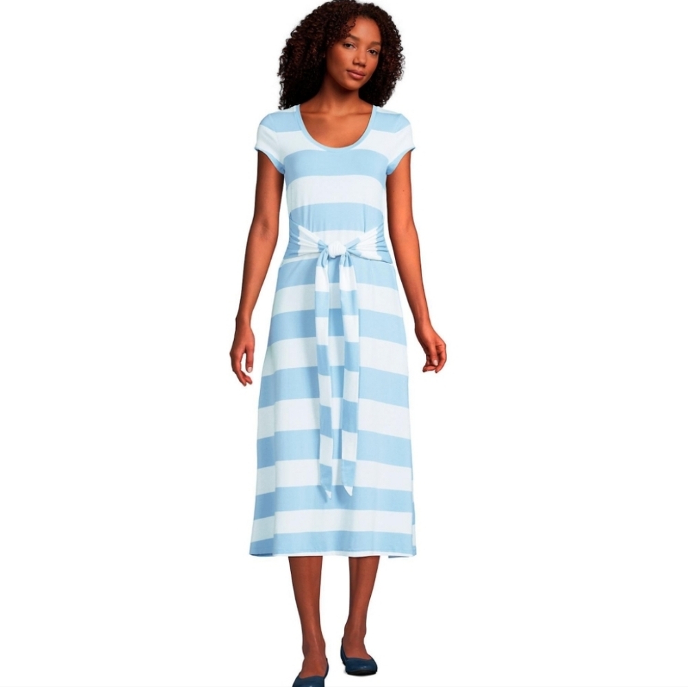 Lands' End Nautical Light Blue Striped Tie Waist Cotton Modal Midi Dress Size MP